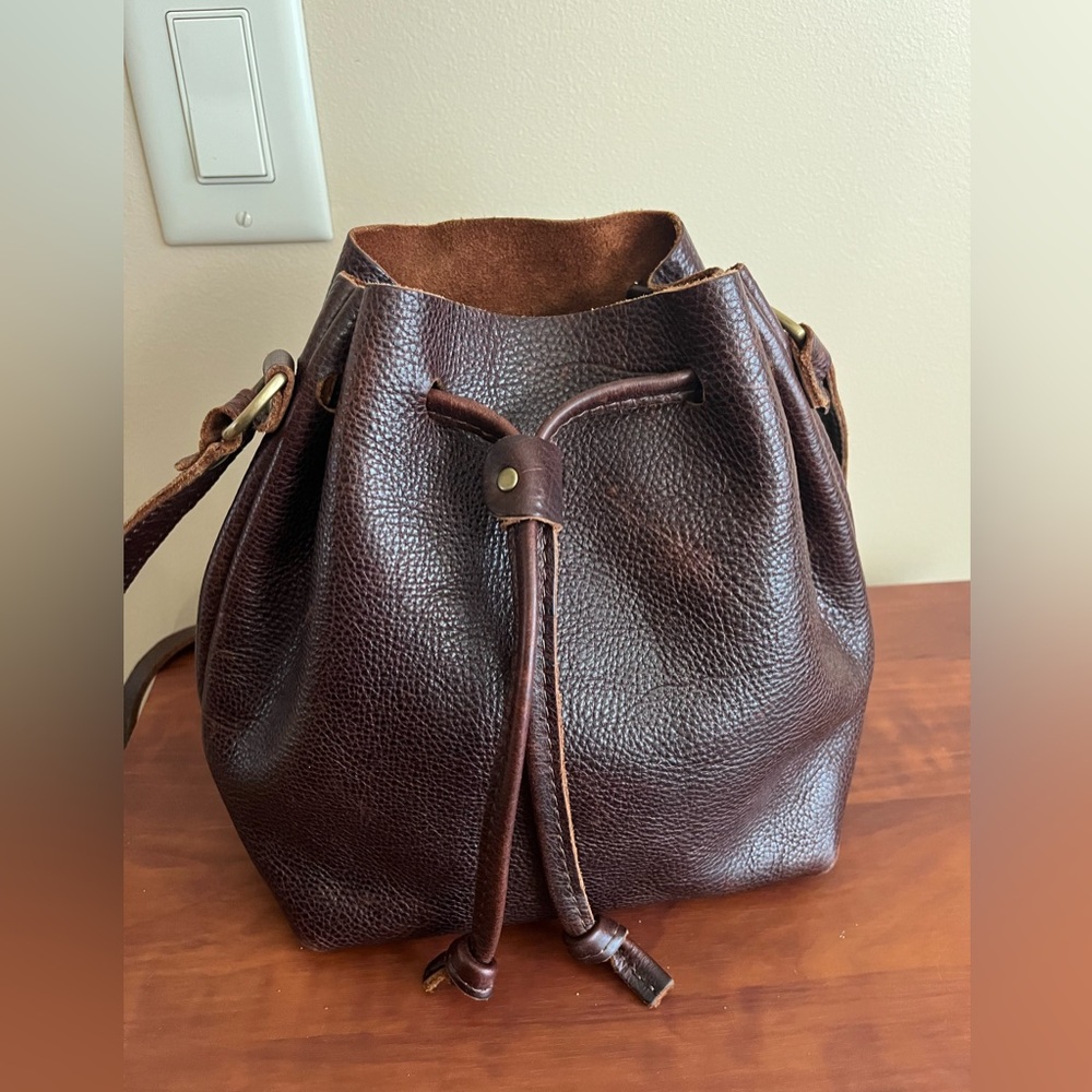 Portland Leather Goods Brown Leather Drawstring Bucket Bag